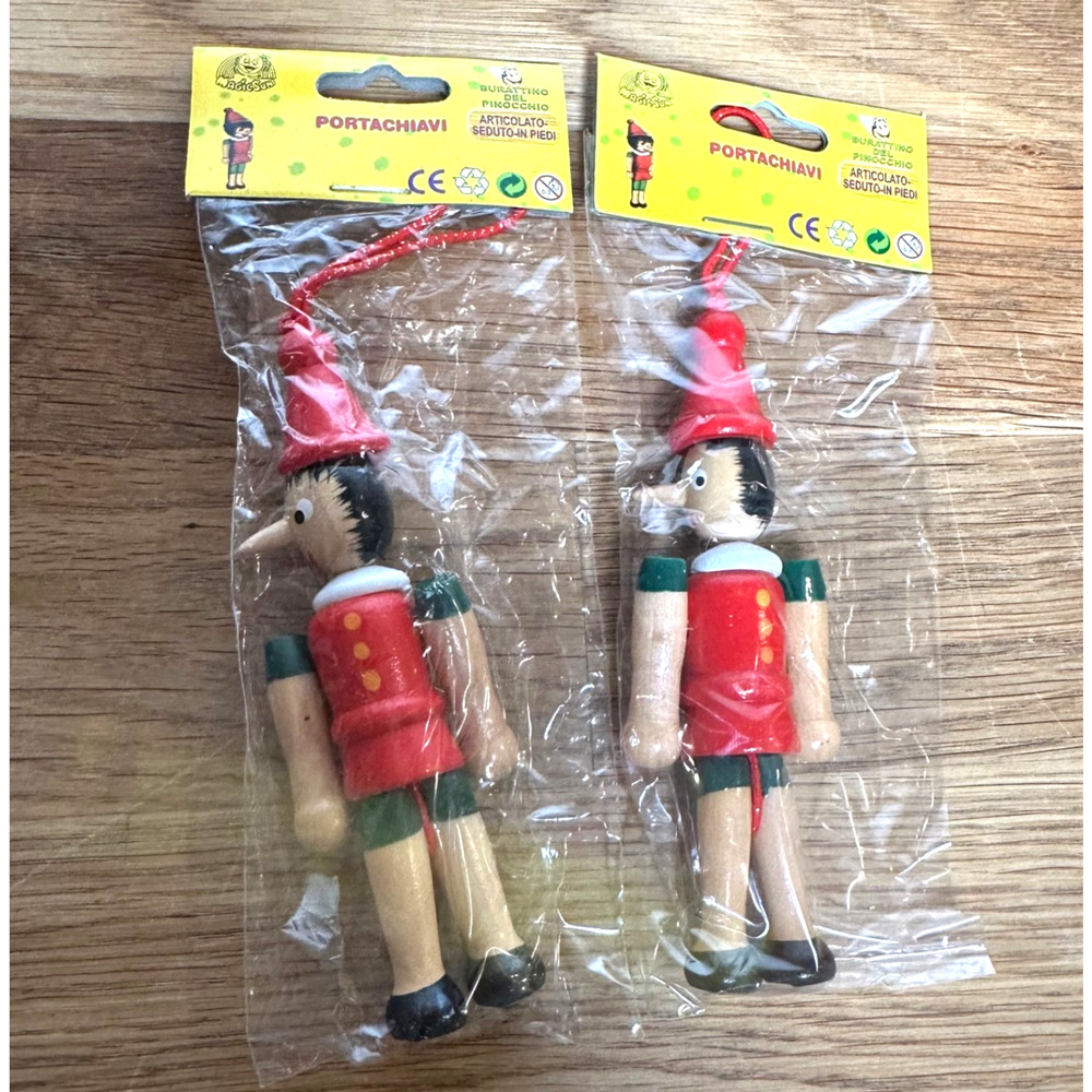 Pinocchio 4” Wooden Jointed Doll Christmas Ornaments Set of 2 Movable New
